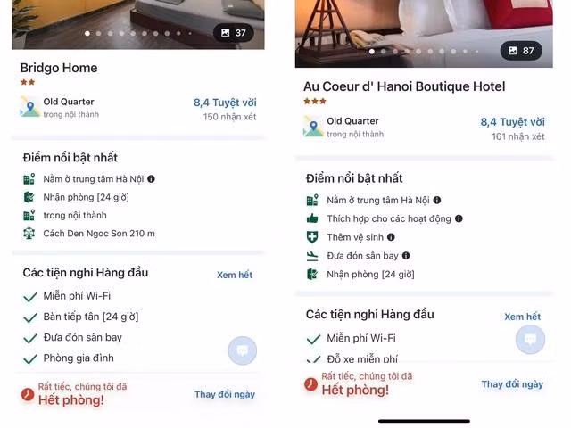 Một số khách sạn ở trung tâm TP.Hà Nội thông báo hết phòng từ ngày 31.8 đến 3.9 trên một ứng dụng đặt phòng