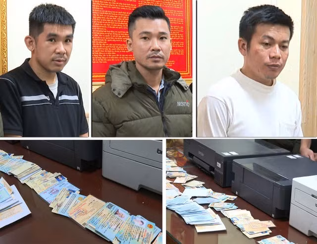 Các đối tượng cùng tang vật liên quan tới hành vi làm giả con dấu, tài liệu của cơ quan, tổ chức. Ảnh: Công an Thanh Hóa