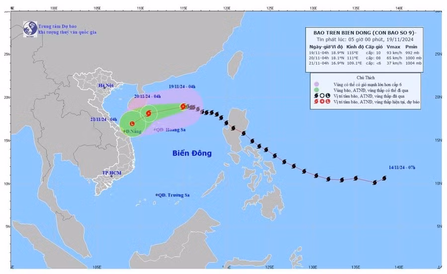 Vị trí và hướng đi của cơn bão số 9. (Nguồn: Trung tâm Dự báo Khí tượng Thủy văn Quốc gia)