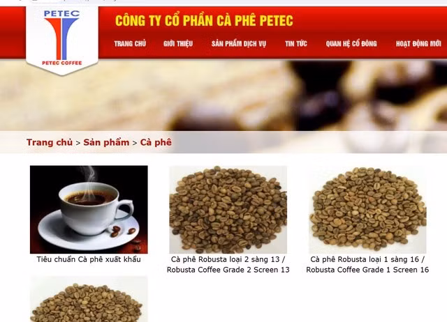 Website Công ty CP cà phê PETEC - ảnh chụp màn hình