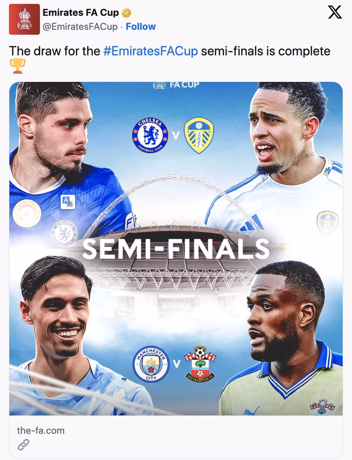 Leeds United đối đầu Chelsea, Man City chạm trán Southampton ở bán kết