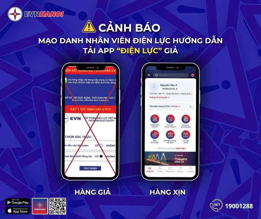 Một đơn vị của EVN cảnh báo tình trạng mạo danh nhân viên điện lực Hà Nội để lừa người dân cài “app” giả Một đơn vị của EVN cảnh báo tình trạng mạo danh nhân viên điện lực Hà Nội để lừa người dân cài “app” giả