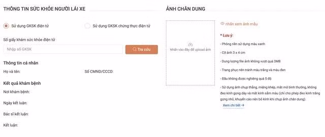 Nhập thông tin kết quả khám sức khỏe và ảnh chân dung