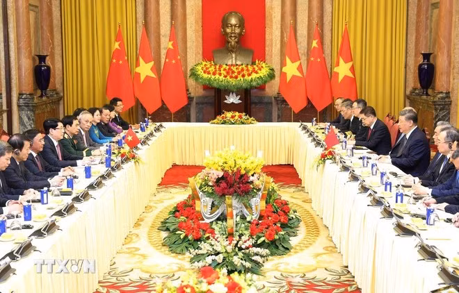 Chủ tịch nước Lương Cường hội đàm với Tổng Bí thư, Chủ tịch nước Trung Quốc Tập Cận Bình. (Ảnh: Lâm Khánh/TTXVN)