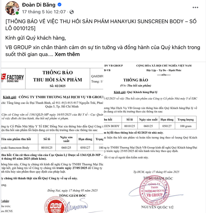 Thông báo thu hồi được đăng tải trên trang cá nhân của Đoàn Di Băng. Ảnh chụp màn hình Thông báo thu hồi được đăng tải trên trang cá nhân của Đoàn Di Băng. Ảnh chụp màn hình