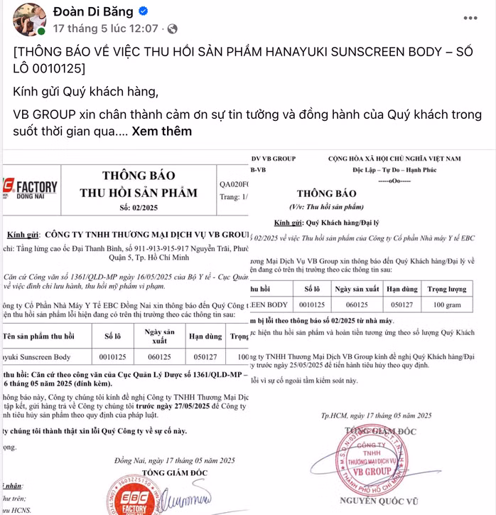 Thông báo thu hồi được đăng tải trên trang cá nhân của Đoàn Di Băng. Ảnh chụp màn hình