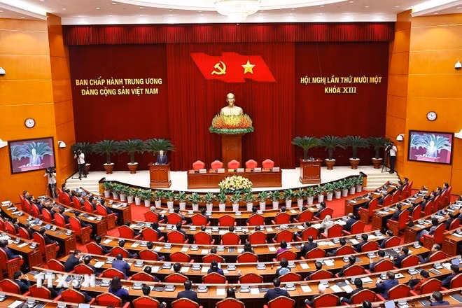 Tổng Bí thư Tô Lâm phát biểu bế mạc Hội nghị lần thứ 11 Ban Chấp hành Trung ương Đảng khóa XIII. (Ảnh: Doãn Tấn/TTXVN)