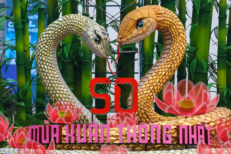 Cặp đôi linh vật rắn trên đường hoa Nguyễn Huệ được đặt tên Kim Tỵ và Ngân Tỵ với chiều dài lần lượt 42 m và 25 m toàn thân uốn lượn 3 vòng đan xen lẫn nhau, tạo thành đế rộng hơn 11 m, độ cao tính từ phần thân tiếp giáp với nền hoa đến đỉnh đầu cao trên 6 m.