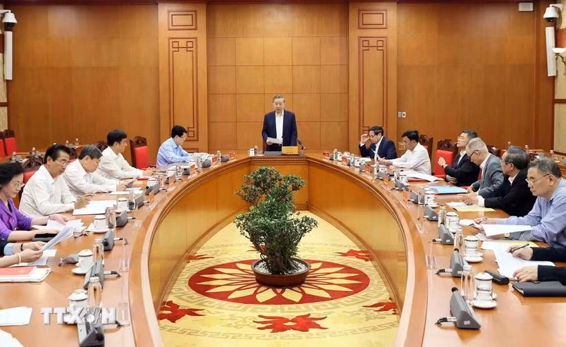 Tổng Bí thư Tô Lâm, Trưởng Tiểu ban Nhân sự Đại hội XIV của Đảng phát biểu. (Ảnh: An Đăng/TTXVN)