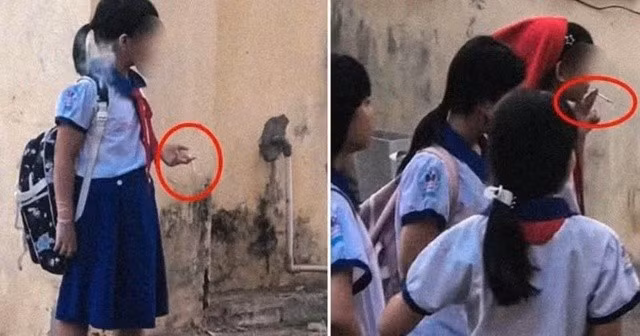 Nhóm nữ sinh tiểu học hút thuốc lá điện tử ngay tại trường.