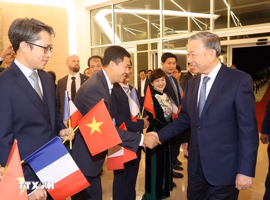 Cán bộ, nhân viên Đại sứ quán, cộng đồng người Việt Nam tại Pháp đón Tổng Bí thư, Chủ tịch nước Tô Lâm tại sân bay Orly ở thủ đô Paris. (Ảnh: Trí Dũng/TTXVN)