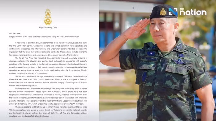 Tổng tư lệnh Quân đội Hoàng gia Thái Lan Pana Klaewblaudtuk và quân lệnh số 806/2568 cho phép đóng cửa khẩu biên giới Thái Lan với láng giềng Campuchia. Ảnh: The Nation.