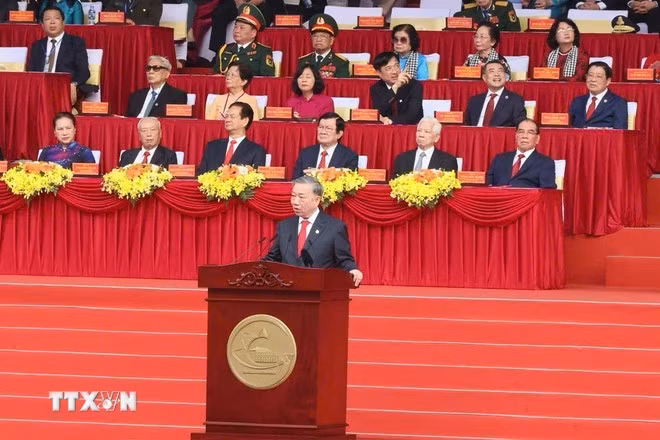 Tổng Bí thư Tô Lâm phát biểu tại lễ kỷ niệm. (Ảnh: TTXVN)