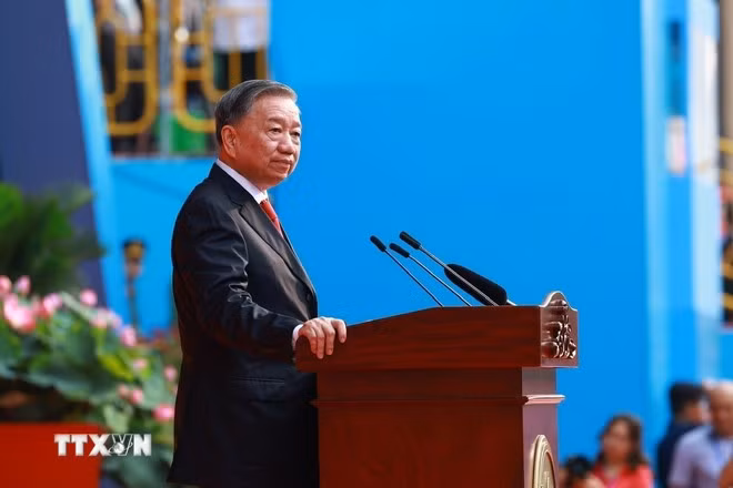 Tổng Bí thư Tô Lâm phát biểu tại lễ kỷ niệm. (Ảnh: TTXVN)