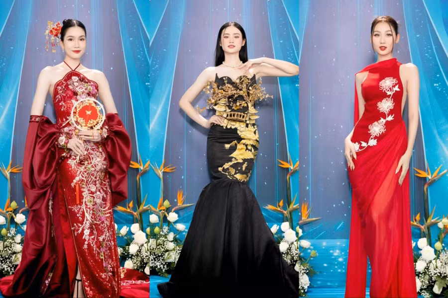 Á hậu Phương Anh diện chiếc váy đỏ được đính kết bắt mắt, đọ sắc cùng Hoa hậu Ý Nhi và Hoa hậu Quế Anh