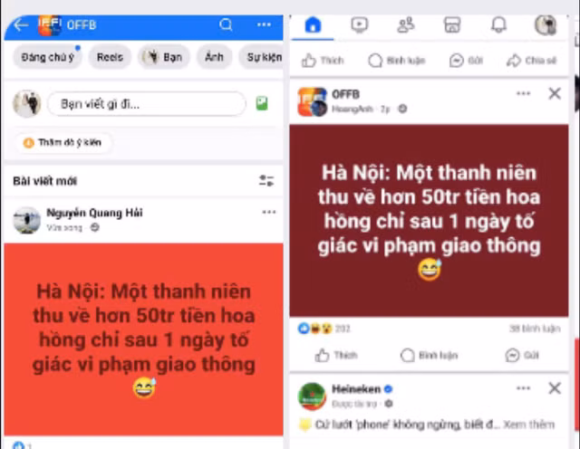 Nhiều trang chia sẻ thông tin "Hà Nội: Một thanh niên thu về 50 triệu đồng chỉ sau 1 ngày tố giác vi phạm giao thông". Ảnh: chụp màn hình