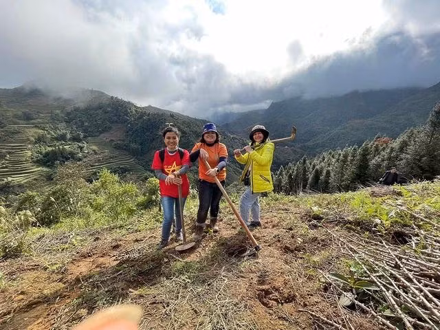 Các thành viên nữ nhóm Uống trà đi lên núi trồng trà trong chuyến từ thiện Lào Cai năm 2024