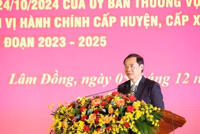 Ông Nguyễn Thái Học, Quyền Bí thư Tỉnh ủy Lâm Đồng phát biểu tại lễ công bố thành lập H.Đạ Huoai