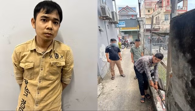 Bị can Mạc Hoàng Giang (ảnh trái) bị tạm giữ và bị can Đỗ Văn Ngờ (áo sọc) đang thực nghiệm hiện trường Ảnh: Công an tỉnh Kiên Giang