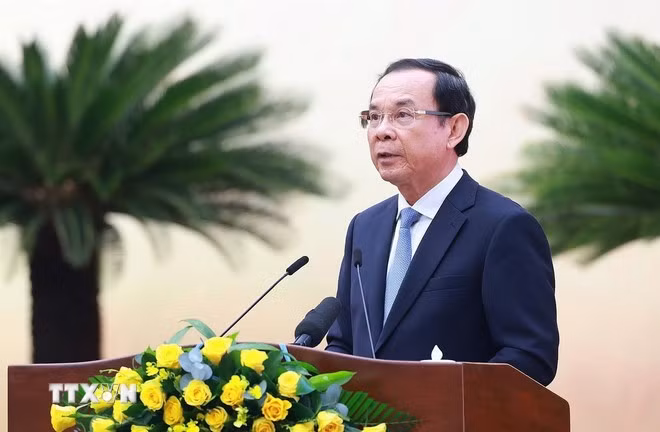 Bí thư Thành ủy Thành phố Hồ Chí Minh Nguyễn Văn Nên phát biểu. (Ảnh: Dương Giang/TTXVN)