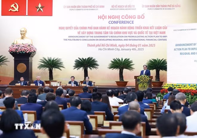 Hội nghị công bố kế hoạch triển khai xây dựng Trung tâm tài chính khu vực và quốc tế tại Việt Nam. (Ảnh: Dương Giang/TTXVN)