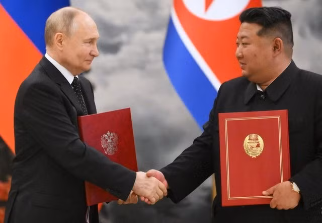 Tổng thống Nga Vladimir Putin gặp nhà lãnh đạo Triều Tiên Kim Jong-un tại Bình Nhưỡng ngày 19.6.2024