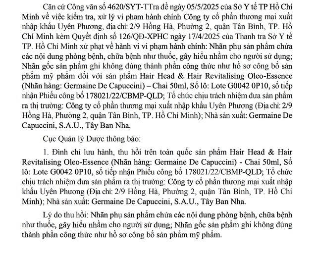 Nội dung công văn của Cục Quản lý dược thu hồi sản phẩm Hair Head & Hair Revitalising Oleo-Essence. Ảnh: Internet 1.jpg