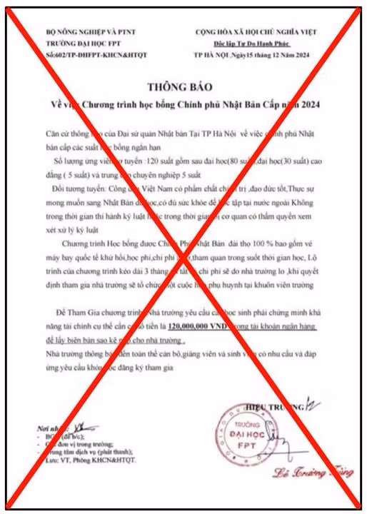 Thông báo ngày 15/12 giả mạo có nội dung về chương trình học bổng Chính phủ Nhật Bản yêu cầu sinh viên chứng minh khả năng tài chính 120 triệu đồng.