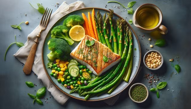 Nghiên cứu từ Anh cho thấy các món ăn như cá, rau và đậu sẽ giúp não bộ của bạn giữ được sự khỏe mạnh - Minh họa AI: Thu Anh