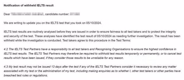 Một email thông báo thí sinh bị "giam" điểm thi IELTS