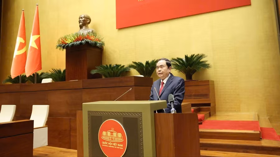 Chủ tịch Quốc hội Trần Thanh Mẫn trình bày chuyên đề tại hội nghị, sáng 16-4. Ảnh: QUANG PHÚC