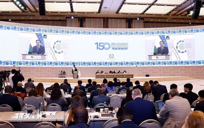 Chủ tịch Quốc hội Trần Thanh Mẫn phát biểu tại Phiên thảo luận chung IPU-150. (Ảnh: Doãn Tấn/TTXVN)