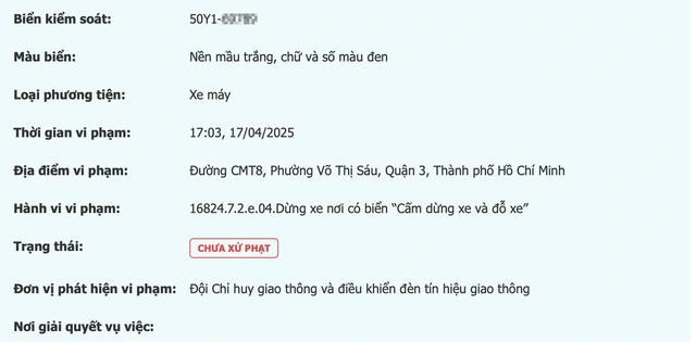 Kết quả hệ thống hiển thị một biển số xe máy bị phạt nguội Kết quả hệ thống hiển thị một biển số xe máy bị phạt nguội