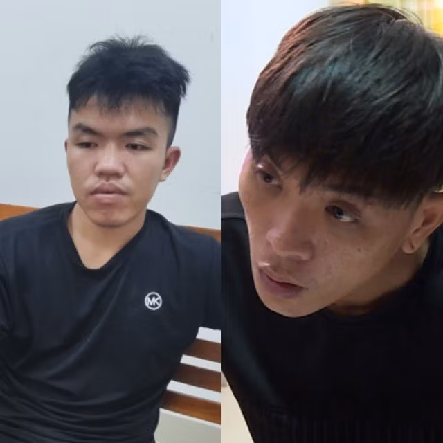 Võ Thành Long (trái) và Vũ Thành Huy tại cơ quan điều tra sau khi bị bắt giữ