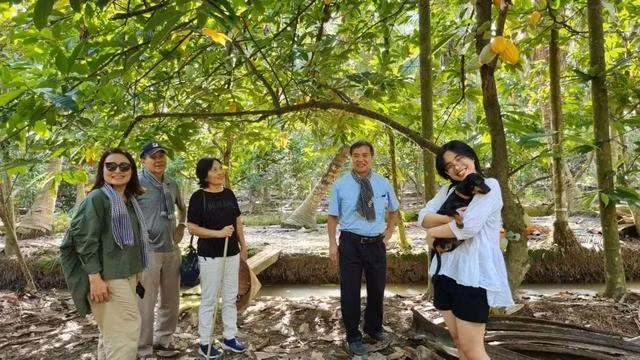 Du khách trải nghiệm trong vườn ca cao