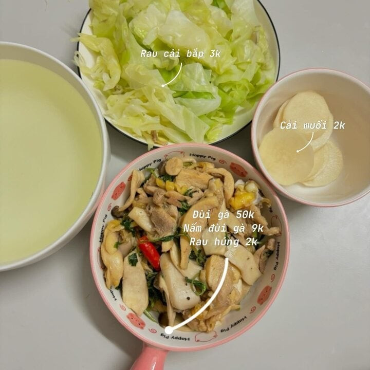 Mâm cơm đơn giản gồm có đùi gà xào nấm, rau cải bắp luộc, cải muối. Mâm cơm đơn giản gồm có đùi gà xào nấm, rau cải bắp luộc, cải muối.
