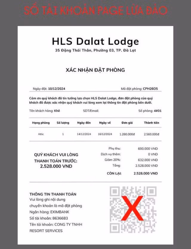 Một du khách mất tiền cọc vì đặt trên trang giả mạo khách sạn và khách sạn HLS Dalat Lodge ở Đà Lạt phải đăng bài cảnh báo