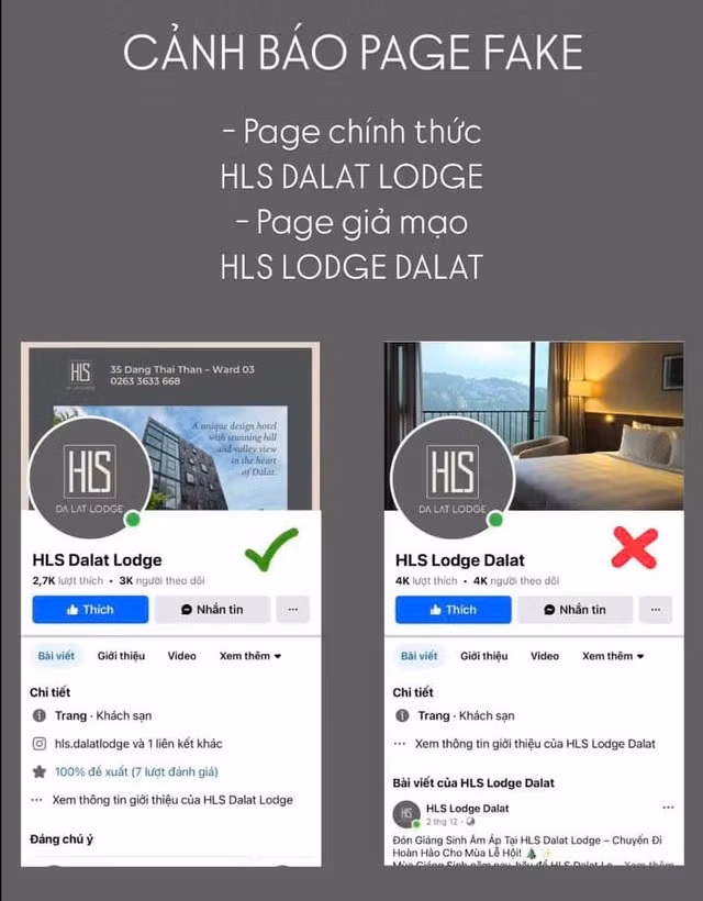 Khách sạn HLS Dalat Lodge đăng nhiều bài cảnh báo về tình trạng đối tượng giả mạo các trang giống đến 95%