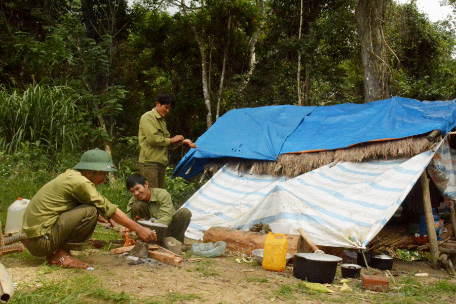Không những ăn uống kham khổ, cán bộ nhân viên lâm trường còn phải ngủ nhờ lán để giữ rừng. Ảnh: Minh Triều Không những ăn uống kham khổ, cán bộ nhân viên lâm trường còn phải ngủ nhờ lán để giữ rừng. Ảnh: Minh Triều