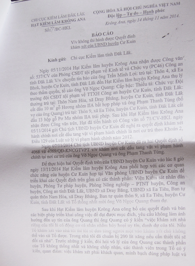 Báo cáo của đoàn kiểm tra liên ngành huyện Cư Kuin về việc ông Quang dọa bắn đoàn. Báo cáo của đoàn kiểm tra liên ngành huyện Cư Kuin về việc ông Quang dọa bắn đoàn.