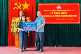 Bà Phạm Thị Lan Phó Chủ tịch Ủy ban MTTQ Việt Nam tỉnh (bên trái) tiếp nhận ủng hộ của cán bộ, công chức, viên chức, người lao động ngành Nông nghiệp và Phát triển Nông thôn tỉnh Gia Lai. Ảnh Ngọc Anh (2)