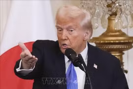 Tổng thống Mỹ Donald Trump phát biểu trong cuộc họp báo tại Nhà Trắng. Ảnh: Kyodo/TTXVN