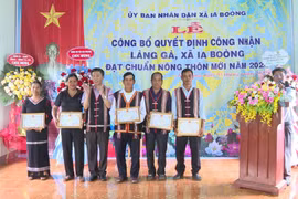 Chủ tịch UBND huyện Chư Prông Vũ Đình Hạnh tặng giấy khen cho 5 cá nhân có thành tích, đóng góp trong xây dựng làng Gà đạt chuẩn nông thôn mới năm 2024. Ảnh: Rơ Lan Viện