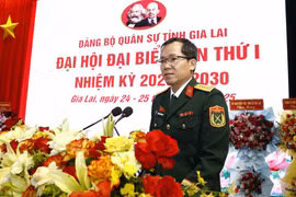 Đại tá Lương Đình Chung - Bí thư Đảng ủy, Chính ủy Quân khu 5, phát biểu tại Đại hội.