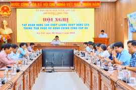 Quang cảnh hội nghị tập huấn nâng cao chất lượng hoạt động của Trung tâm Phục vụ hành chính công cấp xã tại điểm cầu Văn phòng UBND tỉnh. Ảnh: N.M.
