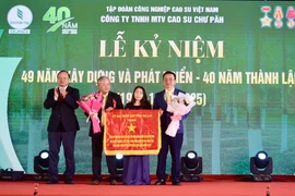 Phó Chủ tịch UBND tỉnh Dương Mah Tiệp tặng cờ thi đua của UBND tỉnh cho Công ty TNHH một thành viên cao su Chư Păh. 