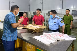 Lực lượng Quản lý thị trường và Công an kiểm tra, xử lý vi phạm tại một hộ kinh doanh heo đông lạnh trên địa bàn xã Hoài Ân. Ảnh: N.C