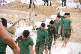 Cán bộ, chiến sĩ Lữ đoàn 573 vác bao cát để đắp hai tuyến đê bị vỡ.