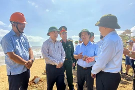 Bí thư Tỉnh ủy Thái Đại Ngọc (thứ 2 từ trái sang) nghe báo cáo tình hình khắc phục hậu quả bão số 13 tại xã Phù Mỹ Bắc.