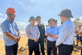 Bí thư Tỉnh ủy Thái Đại Ngọc (thứ 2 từ trái sang) nghe báo cáo tình hình khắc phục hậu quả bão số 13 tại xã Phù Mỹ Bắc.